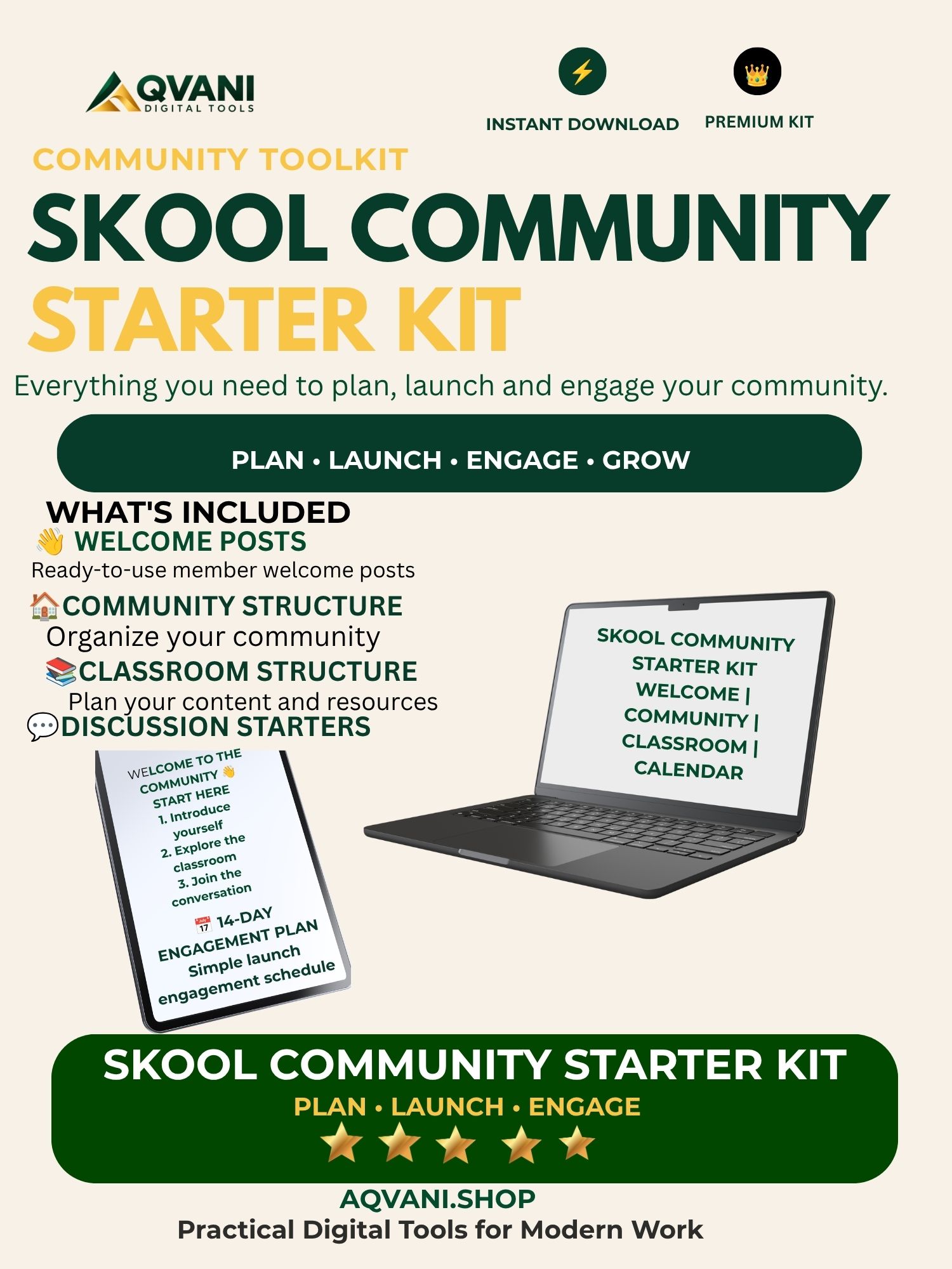 Skool Community Starter Kit with welcome posts, community structure, classroom structure and 14-day engagement plan – Aqvani