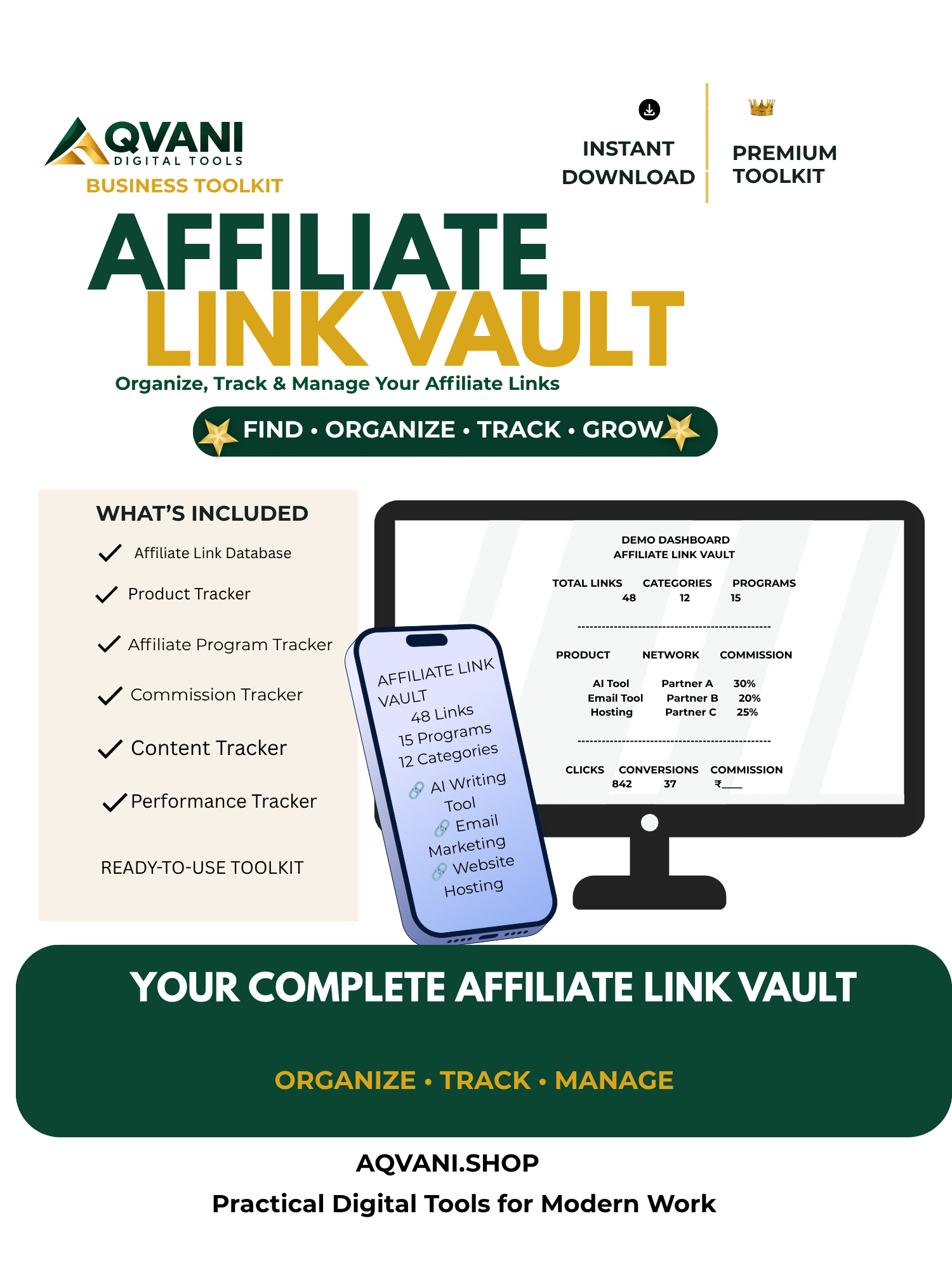 Affiliate Link Vault – premium affiliate link management toolkit with link database, product tracker, program tracker, commission tracker, content tracker and performance dashboard