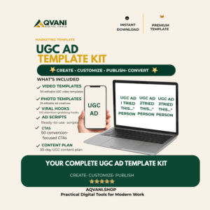 UGC Ad Template Kit with 50 video templates, 24 photo templates, hooks, scripts and CTAs – Aqvani